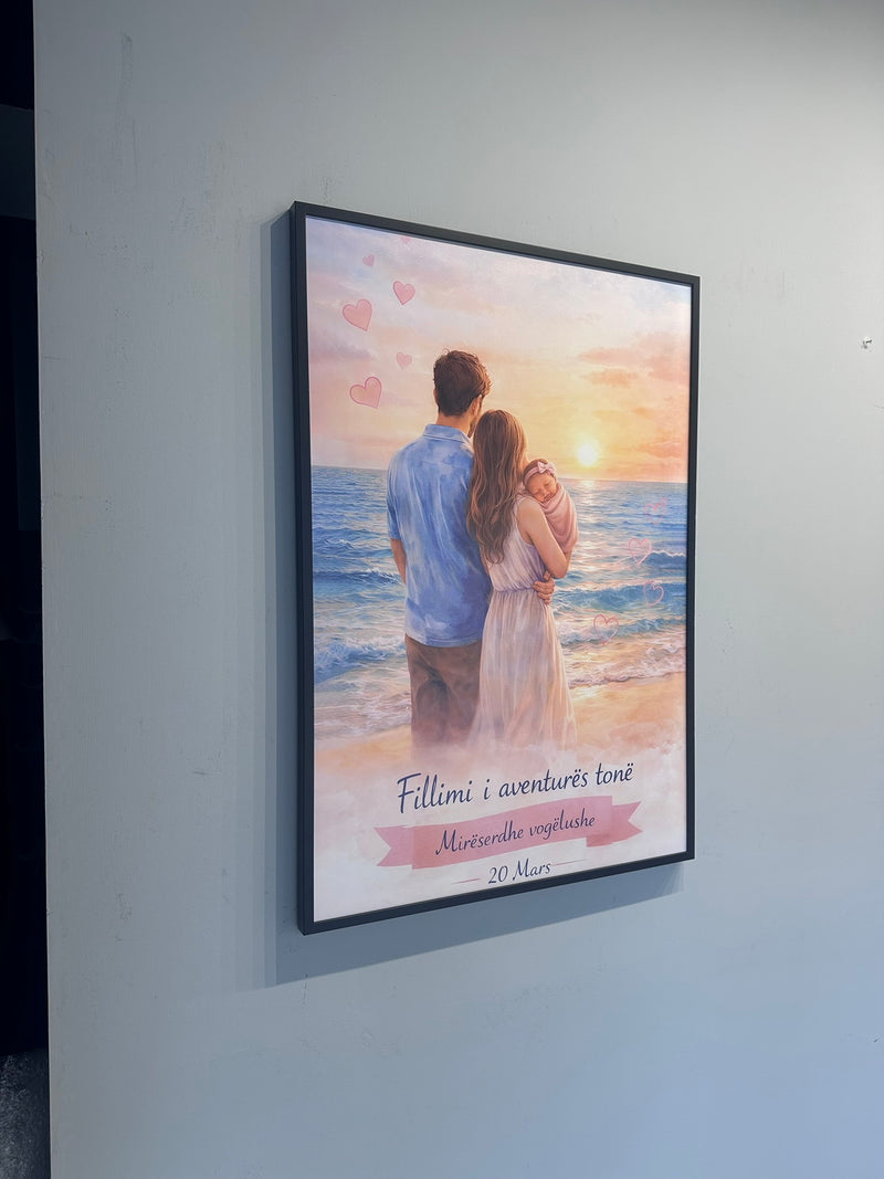 Framed artwork of a couple on a beach with hearts and text on a light gray wall.