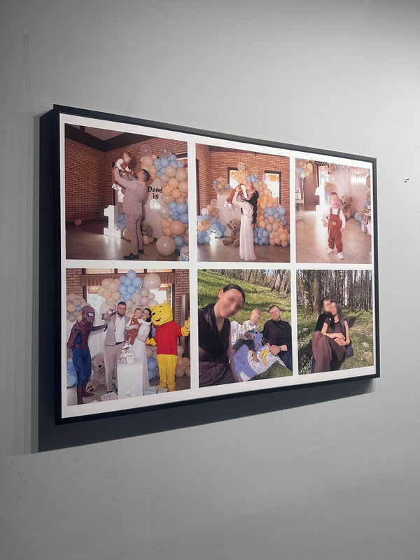 Framed collage of multiple photos on a gray wall