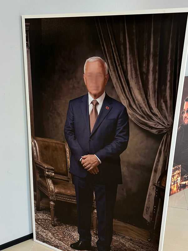 Man in a suit standing in front of a draped curtain with a blurred face