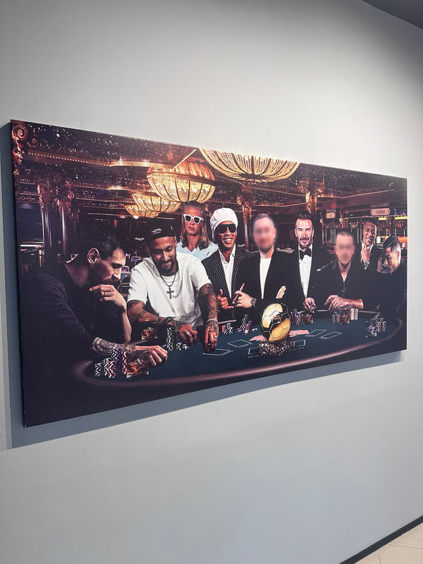 Large wall art of a group of men at a casino table on a plain wall.
