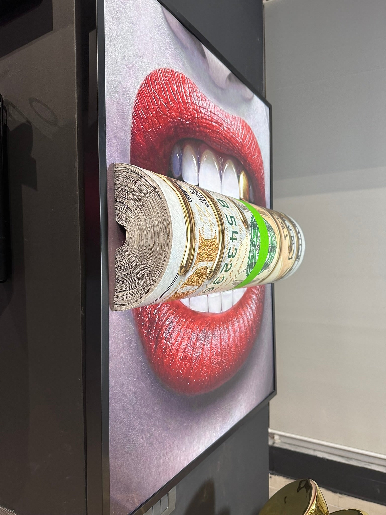 Luxury 3D money roll wall art with dollar roll and red lips design