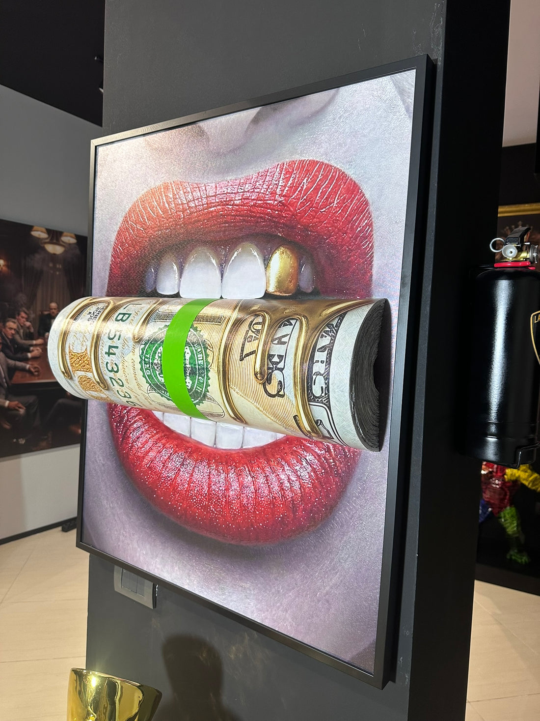 Luxury 3D money roll wall art with dollar roll and red lips design