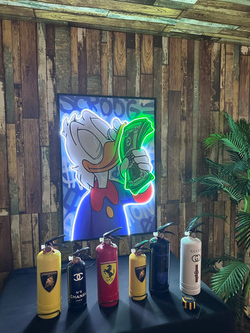 Scrooge Money Stack LED Art with neon dollar bills and luxury graffiti background