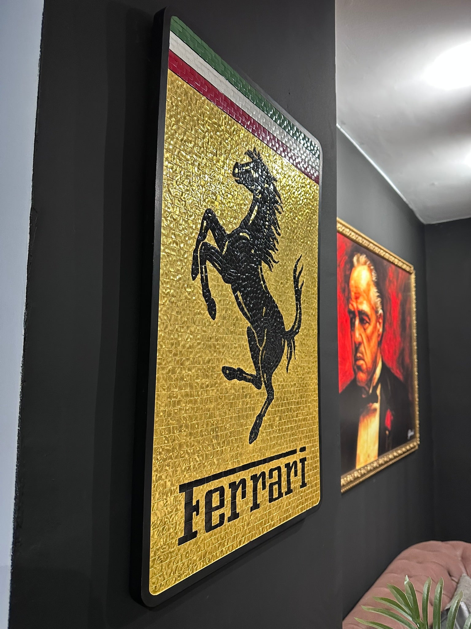 Ferrari mosaic wall art with Venetian gold stones and luxury black frame