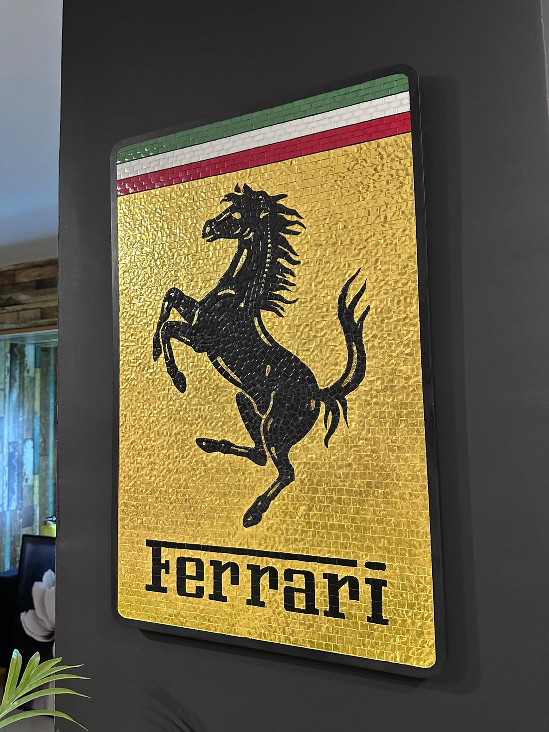 Ferrari mosaic wall art with Venetian gold stones and luxury black frame