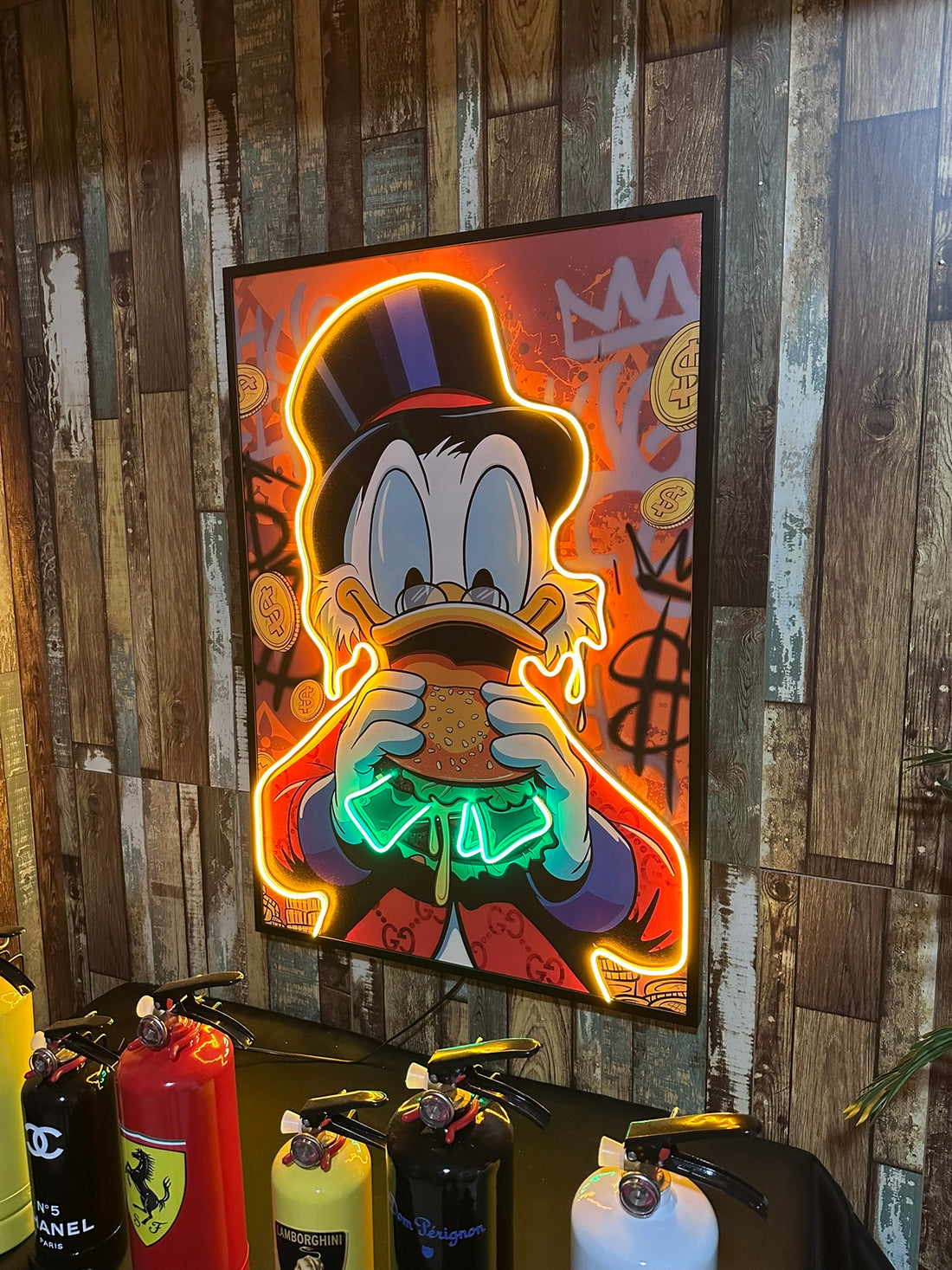 Scrooge Money Burger LED Art with neon lights dollar bills and luxury graffiti background