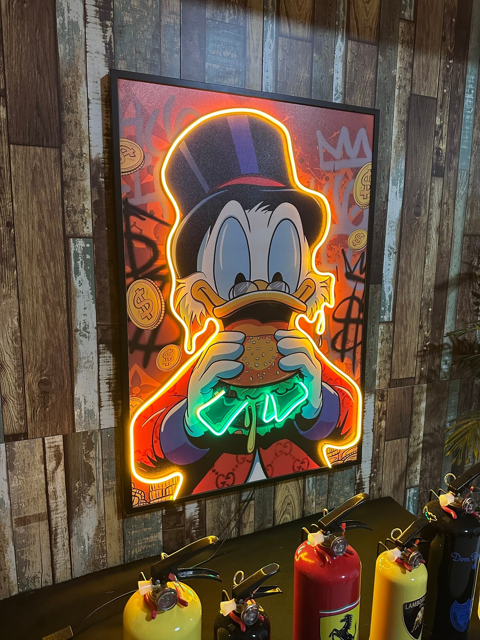 Scrooge Money Burger LED Art with neon lights dollar bills and luxury graffiti background
