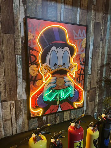 Scrooge Money Burger LED Art with neon lights dollar bills and luxury graffiti background