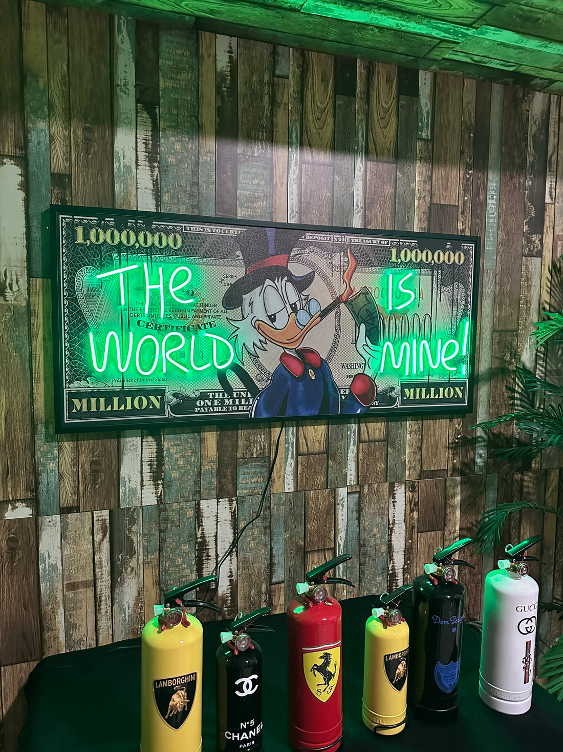 The World Is Mine LED Art with neon lights and millionaire dollar design