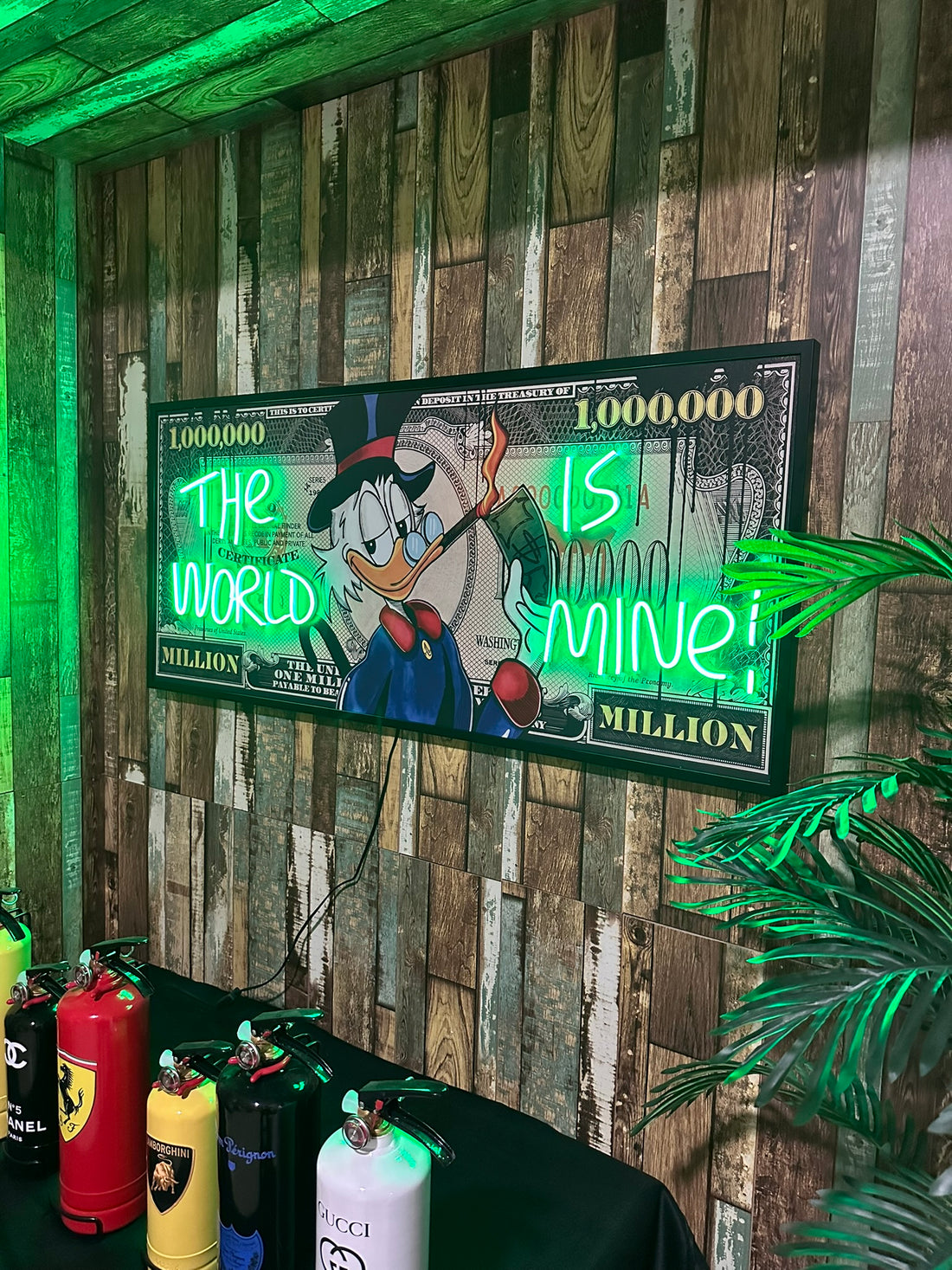 The World Is Mine LED Art with neon lights and millionaire dollar design