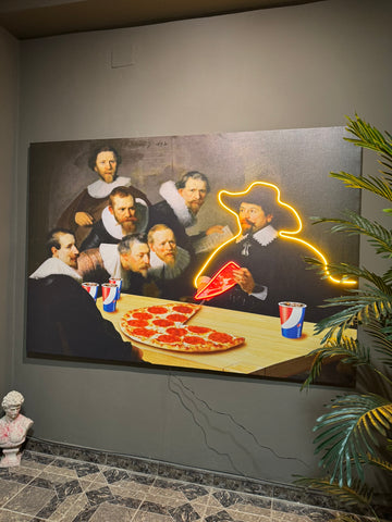 Mural of classical painting with modern elements like a pizza and neon lights, featuring a plant on the right.