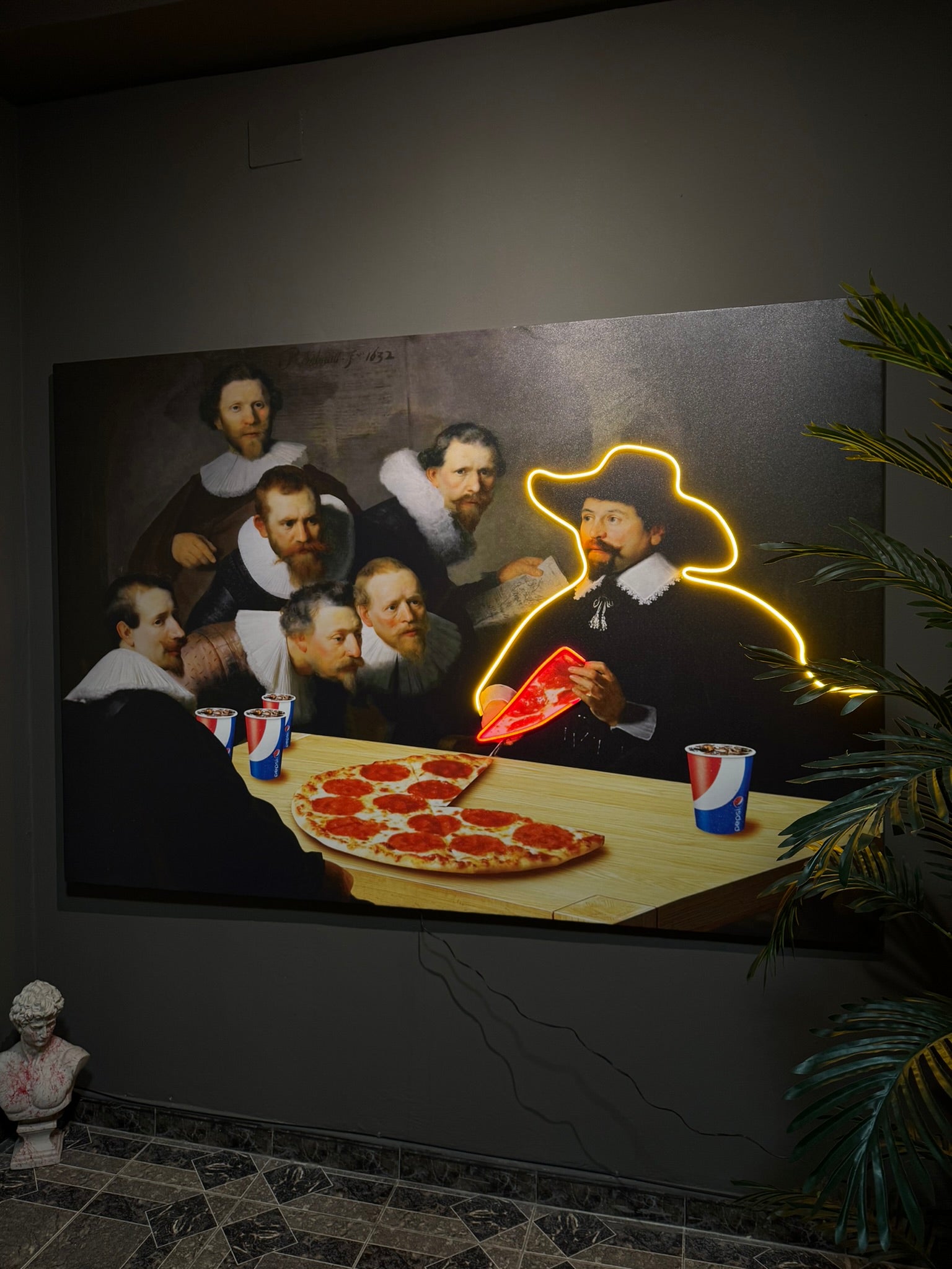 Modern twist on a classical painting with neon lights, pizza, and pop culture elements.