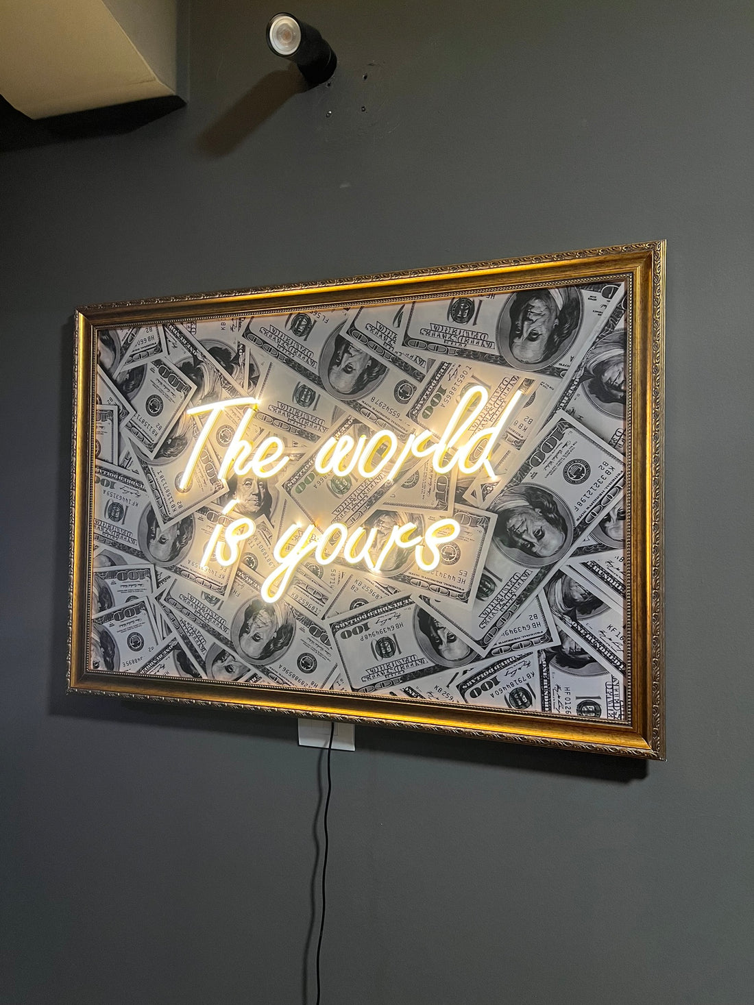Neon sign with 'The world is yours' text on a dollar bill patterned background, framed in gold against a dark wall.