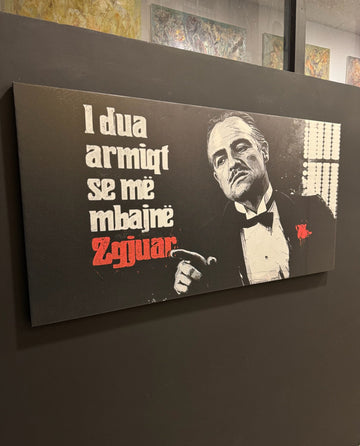 Canvas print with a famous line from 'The Godfather' on a dark wall.