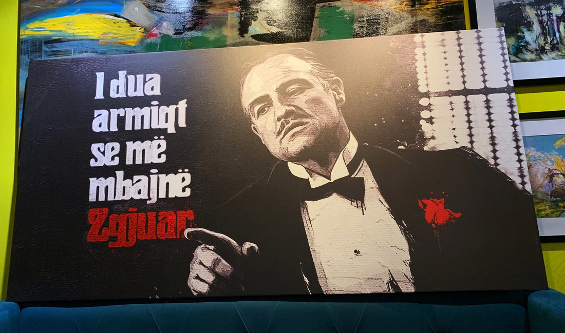 Canvas print with a famous line from 'The Godfather' on a dark wall.