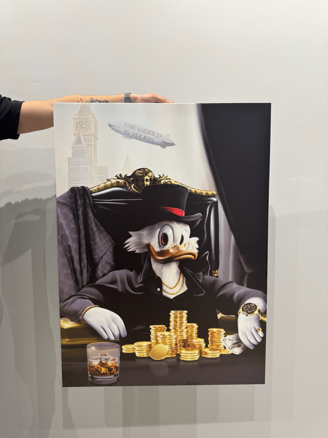 Cartoon character in a luxurious setting with gold coins and a glass of whiskey.