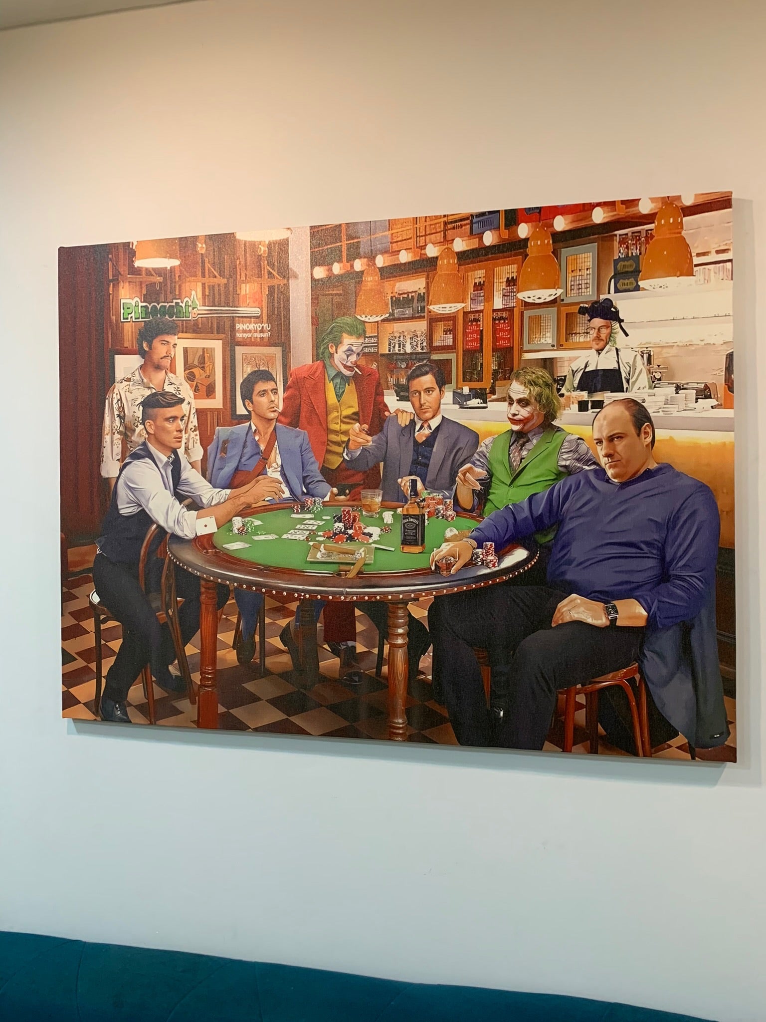Painting of a group of people playing poker in a bar setting