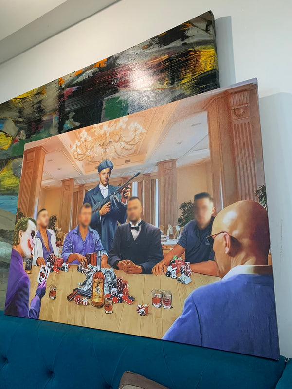 Large painting of a group of people around a table with a person holding a rifle.