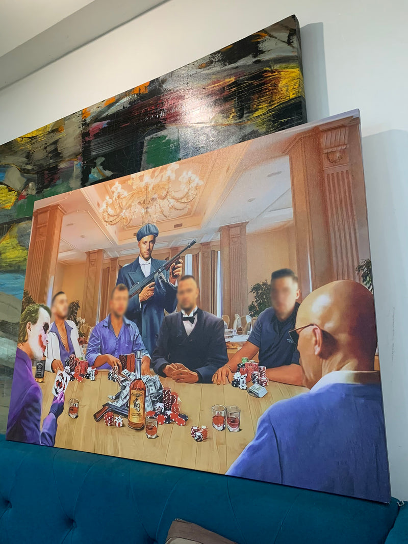 Large painting of a group of people around a table with a person holding a rifle.