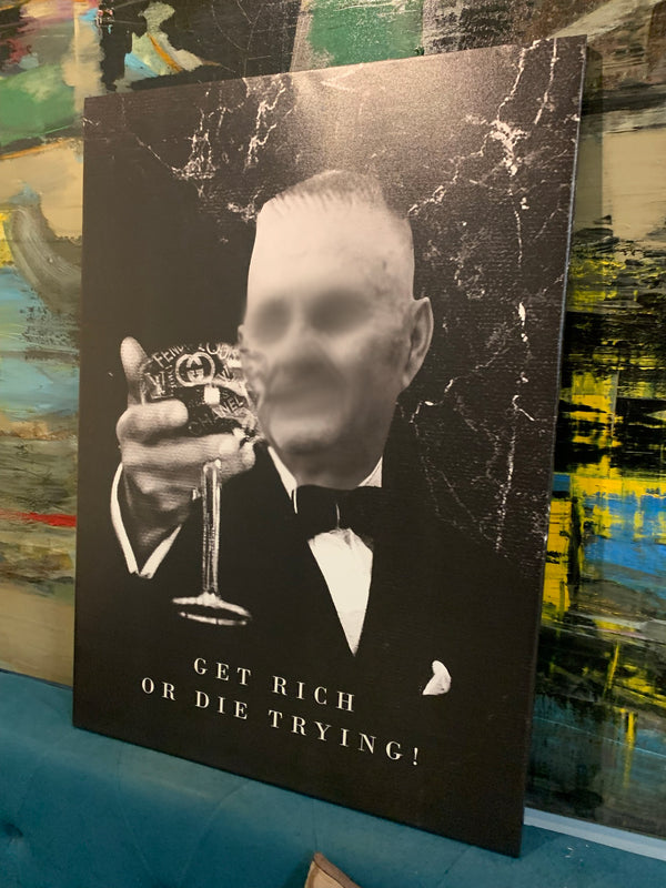 Poster with a man in a tuxedo holding a glass, text 'Get Rich or Die Trying!', against a textured black background.