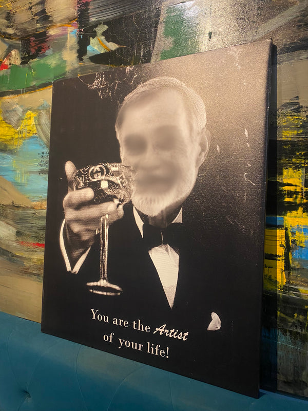 Canvas print with a man in a tuxedo holding a glass, against a colorful abstract background.
