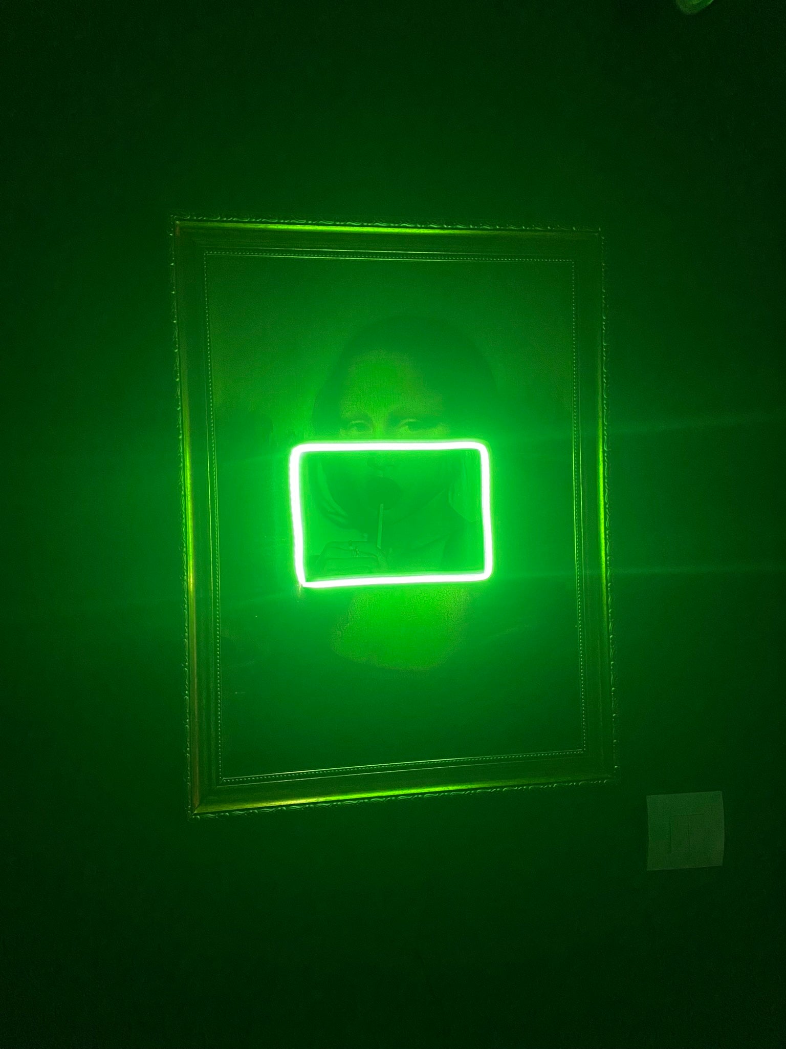 Person framed by a green neon light on a dark background