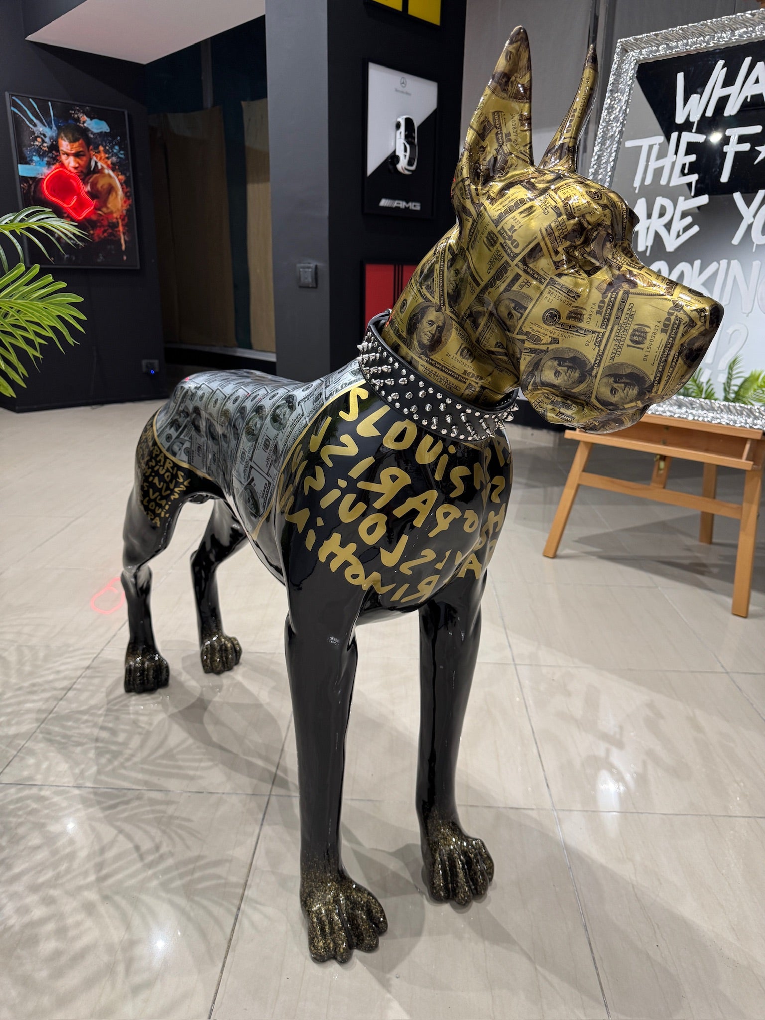 Luxury Danish Dog statue with dollar art design and premium modern decor by GETRICH