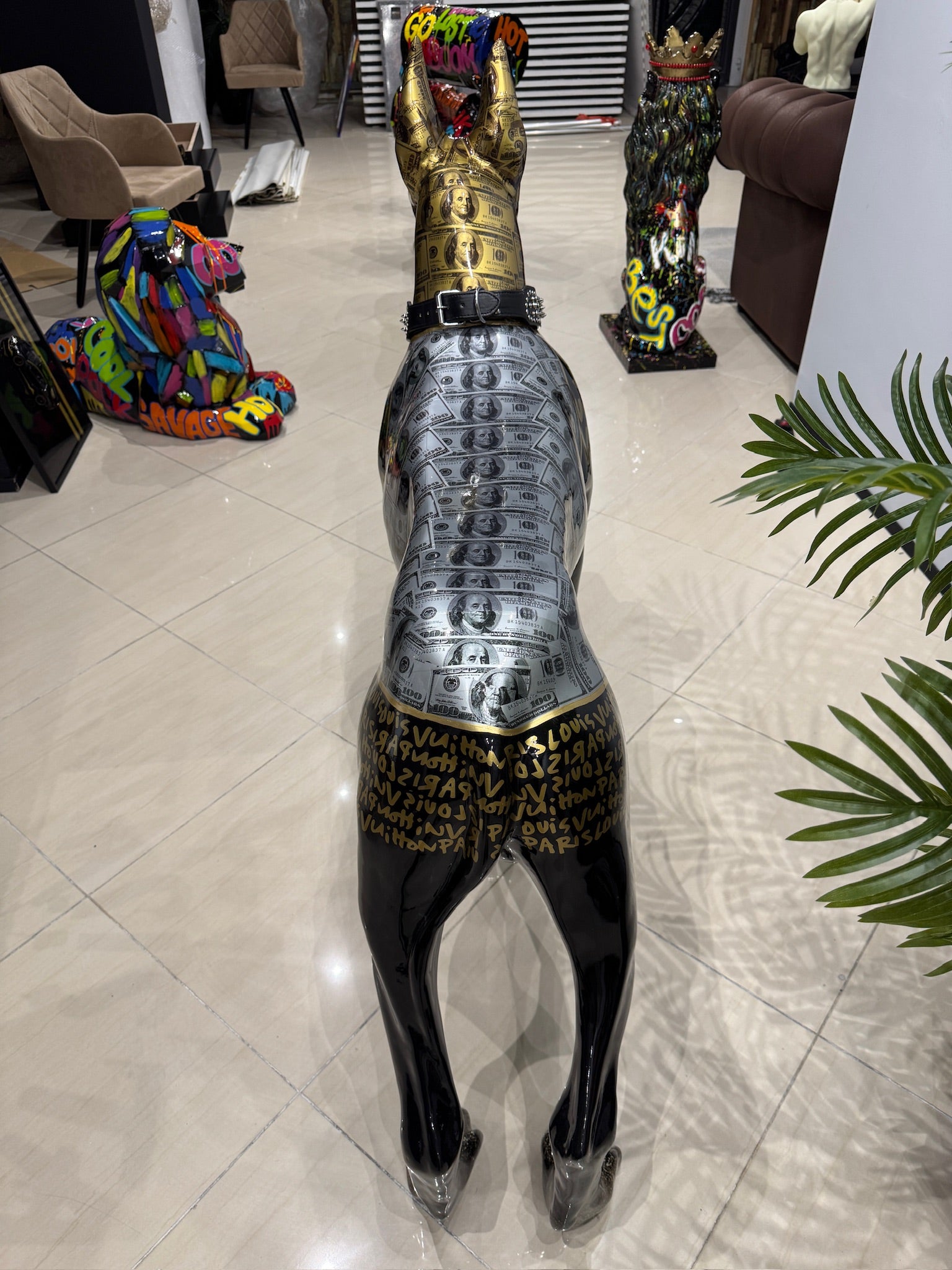 Luxury Danish Dog statue with dollar art design and premium modern decor by GETRICH