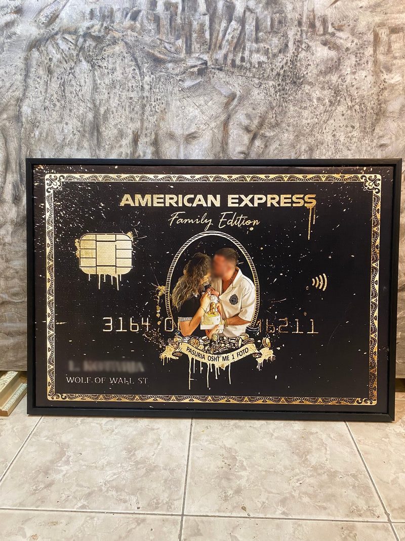 American Express card design with a couple on a textured wall background