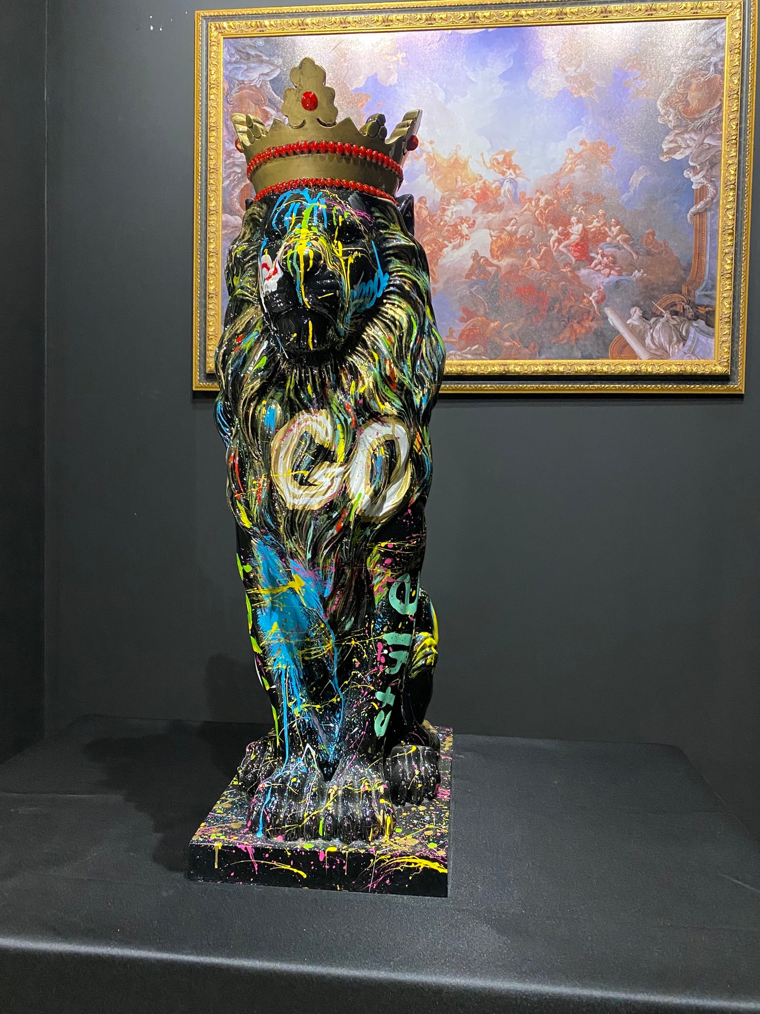 King Lion graffiti statue with crown and colorful luxury art design by GETRICH