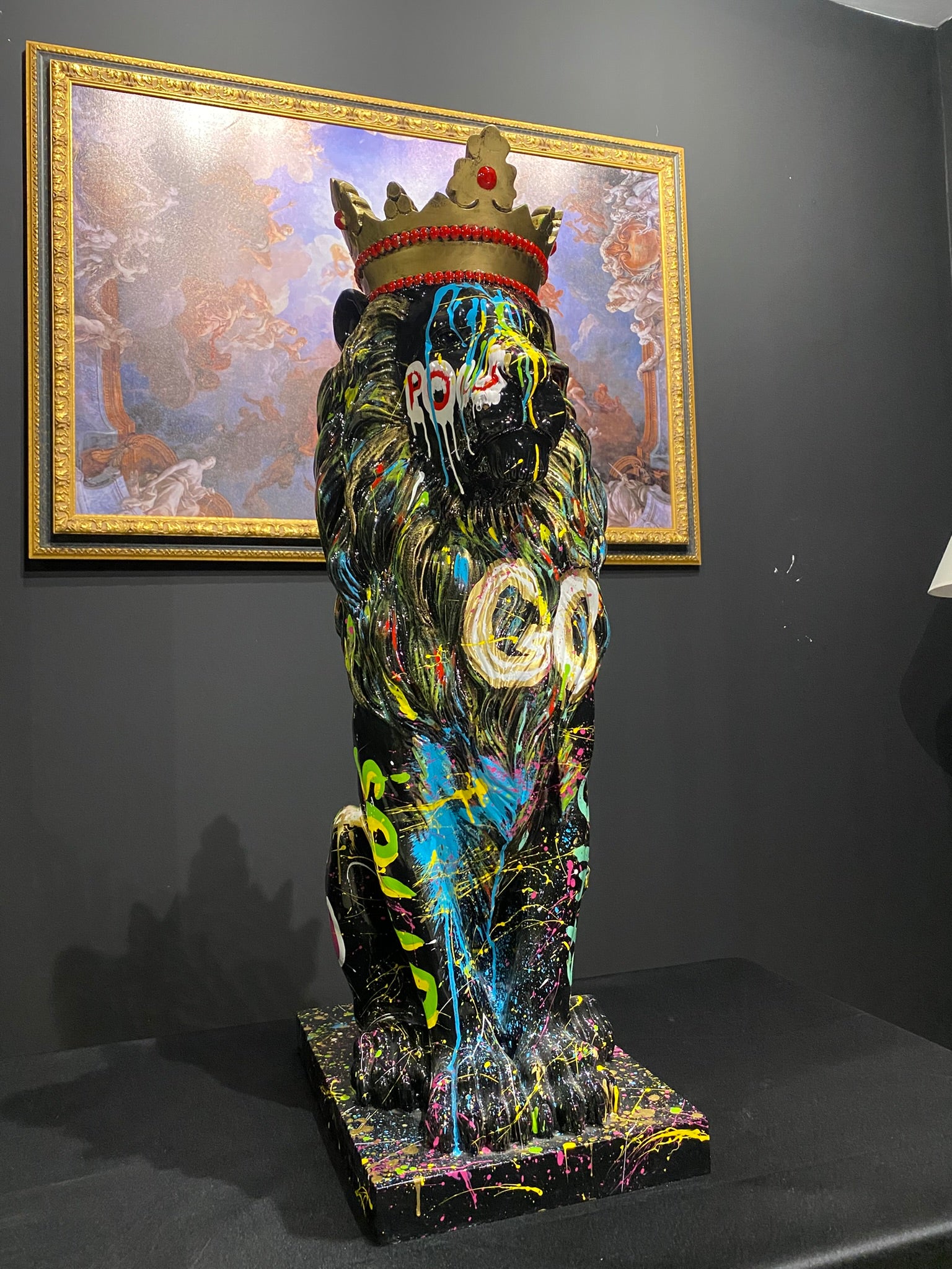 King Lion graffiti statue with crown and colorful luxury art design by GETRICH