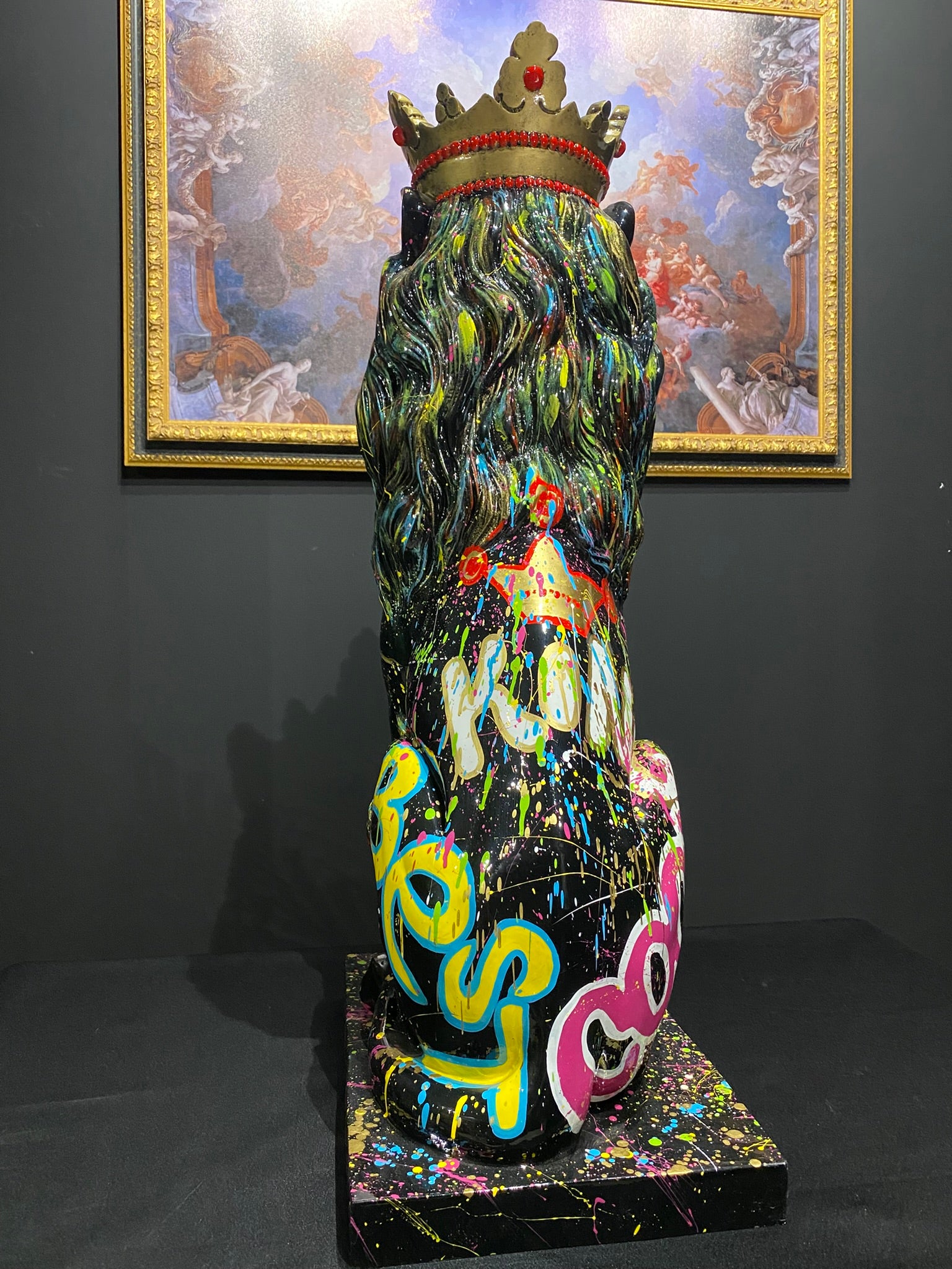 King Lion graffiti statue with crown and colorful luxury art design by GETRICH