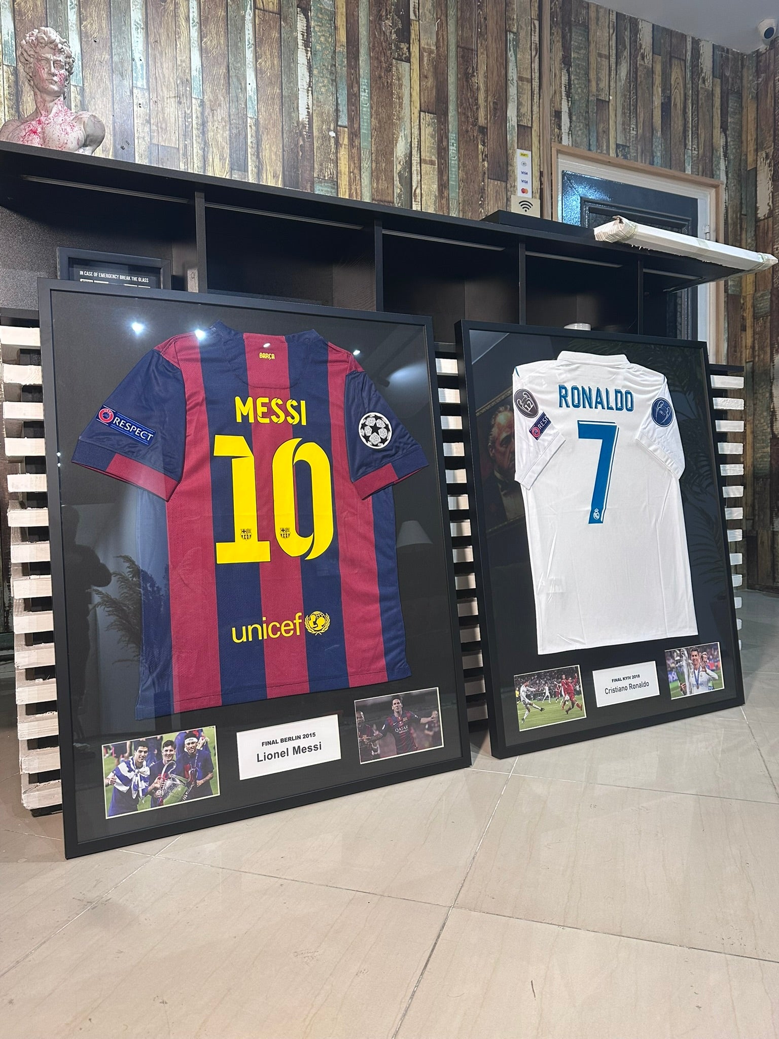 Custom football jersey frame with premium glass and player photos
