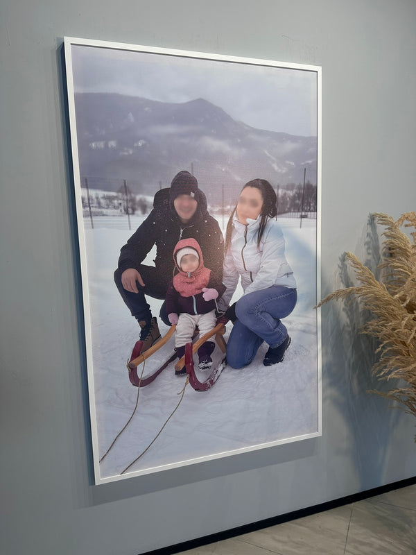 Framed photograph of a family posing outdoors in a snowy landscape.