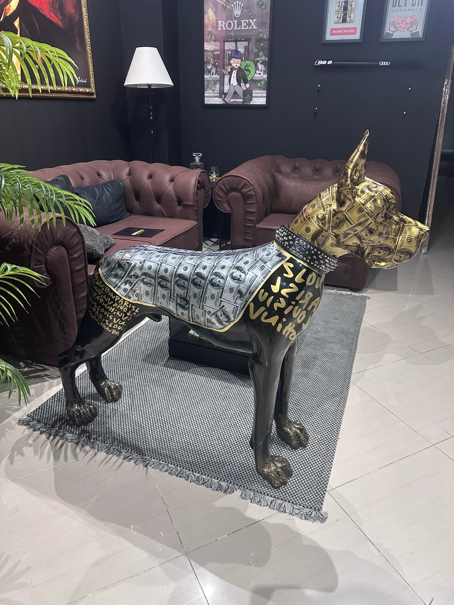 Luxury Danish Dog statue with dollar art design and premium modern decor by GETRICH