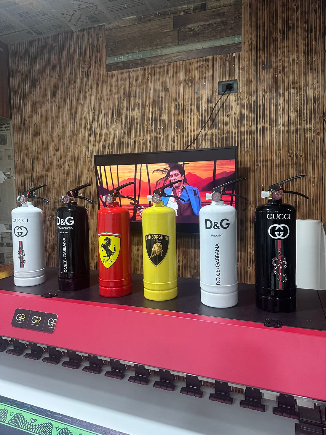 Luxury decorative fire extinguisher inspired by supercar and fashion aesthetics