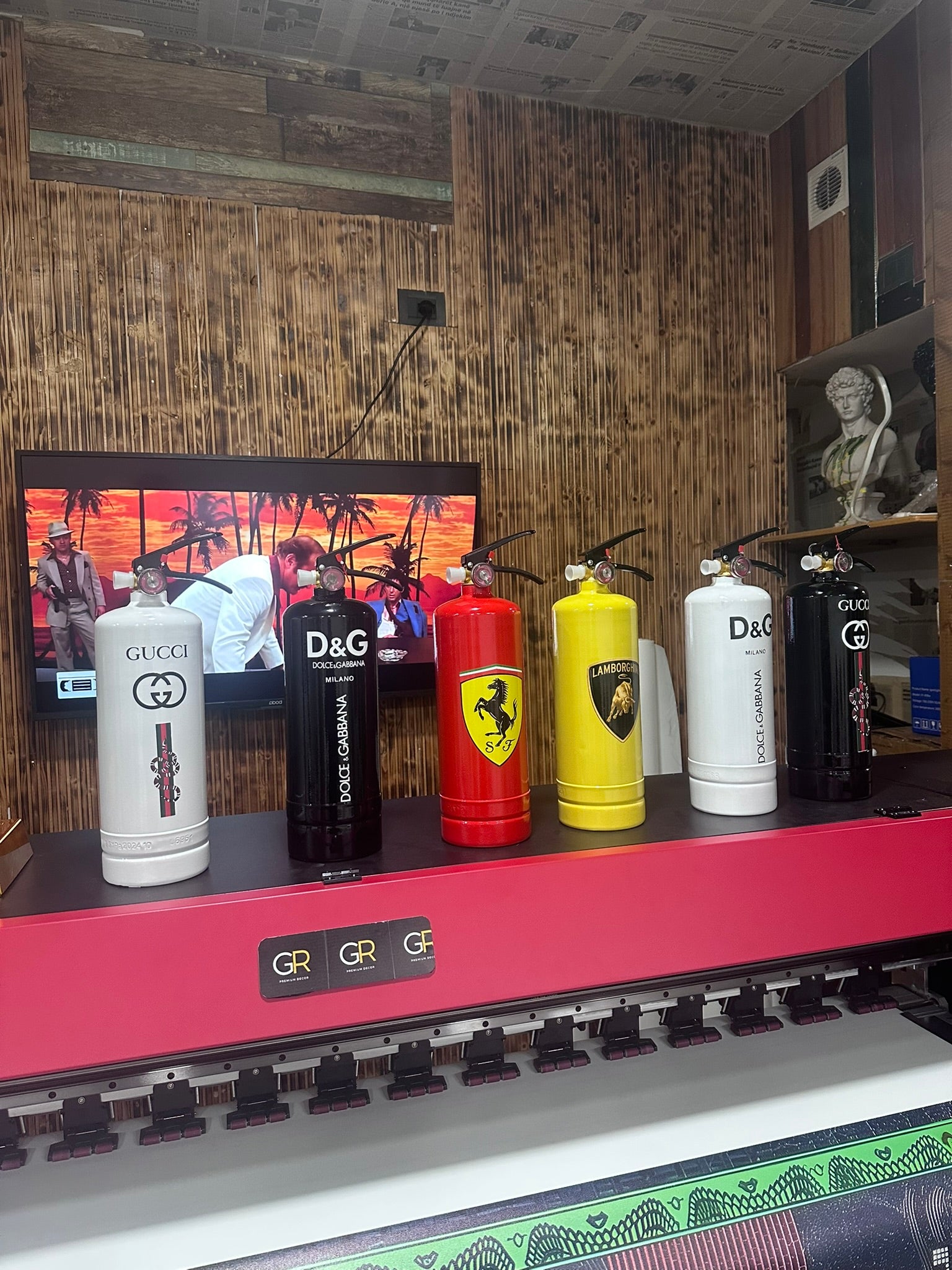 Luxury decorative fire extinguisher inspired by supercar and fashion aesthetics