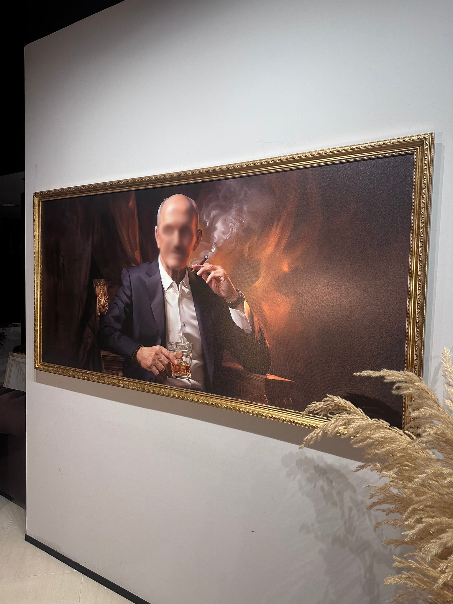 Framed artwork of a man smoking a cigarette and holding a glass against a dark background.