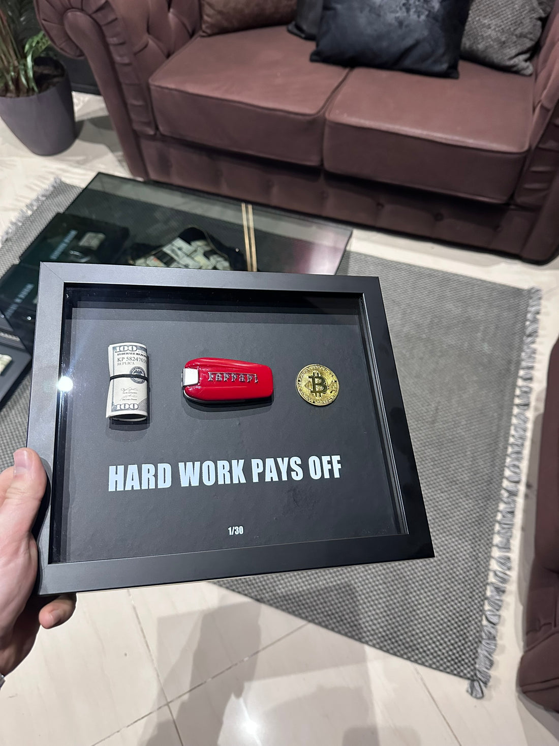 kornize hard work pays off me dollar ferrari key dhe bitcoin dekor modern motivues
