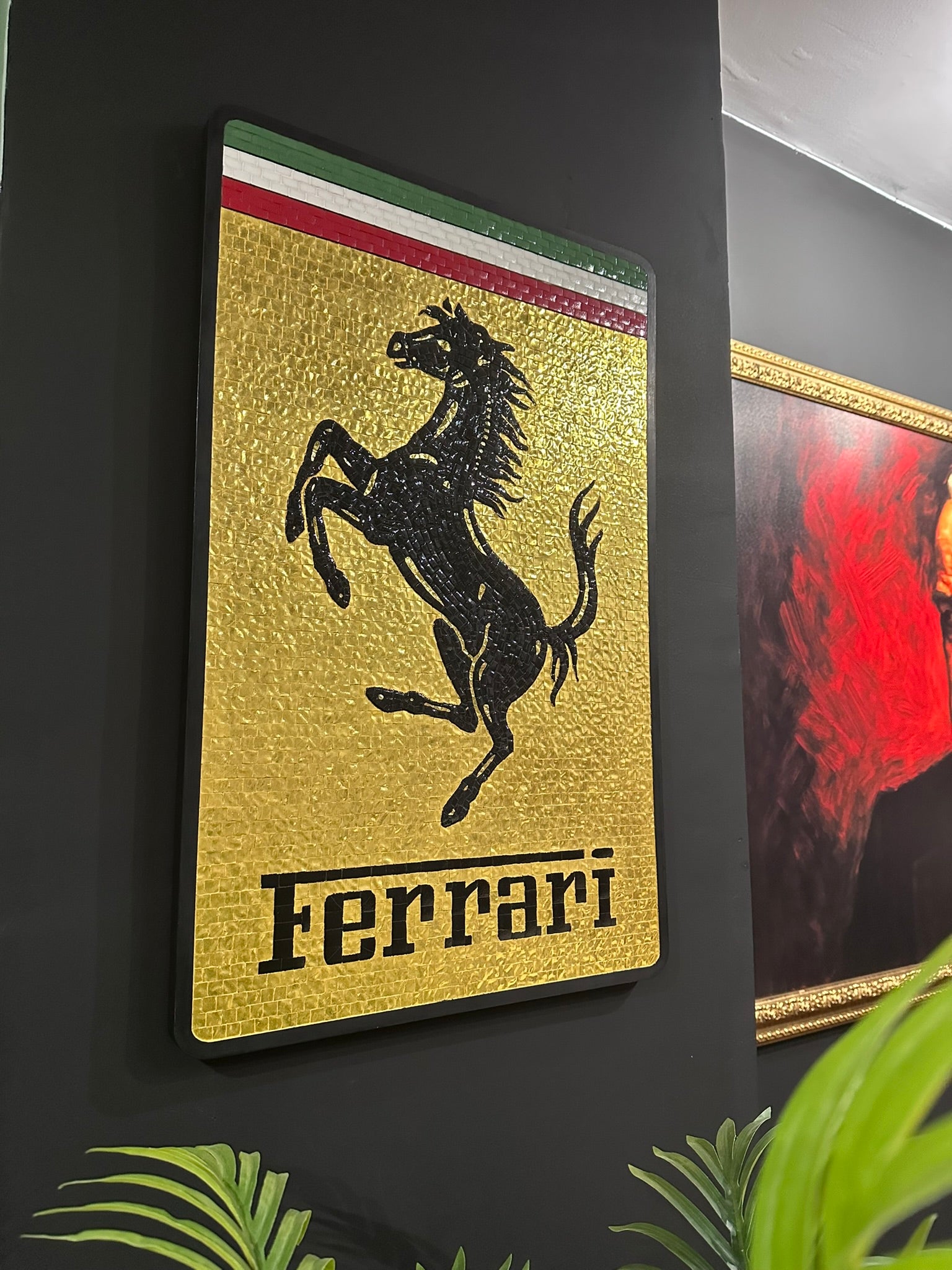 Ferrari mosaic wall art with Venetian gold stones and luxury black frame