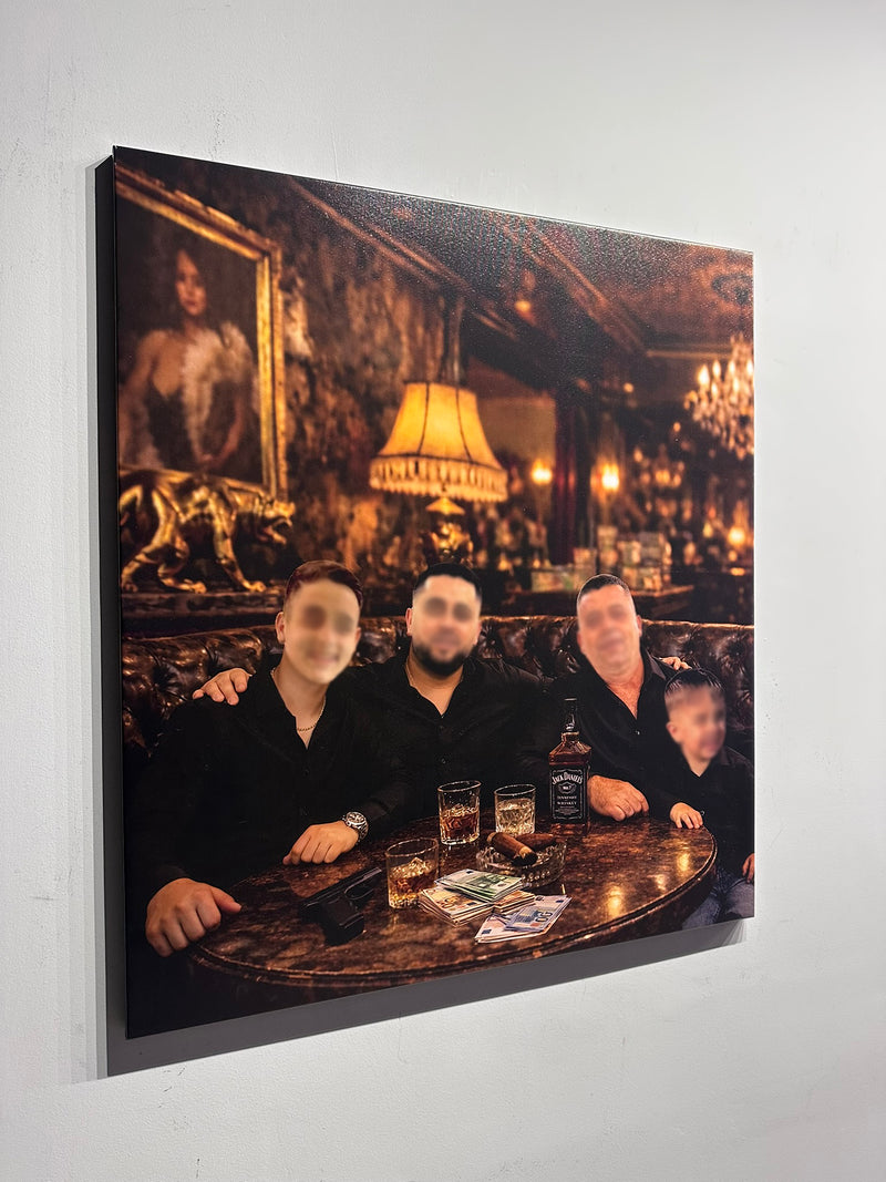 Framed artwork of a group of people at a bar with a decorative interior.