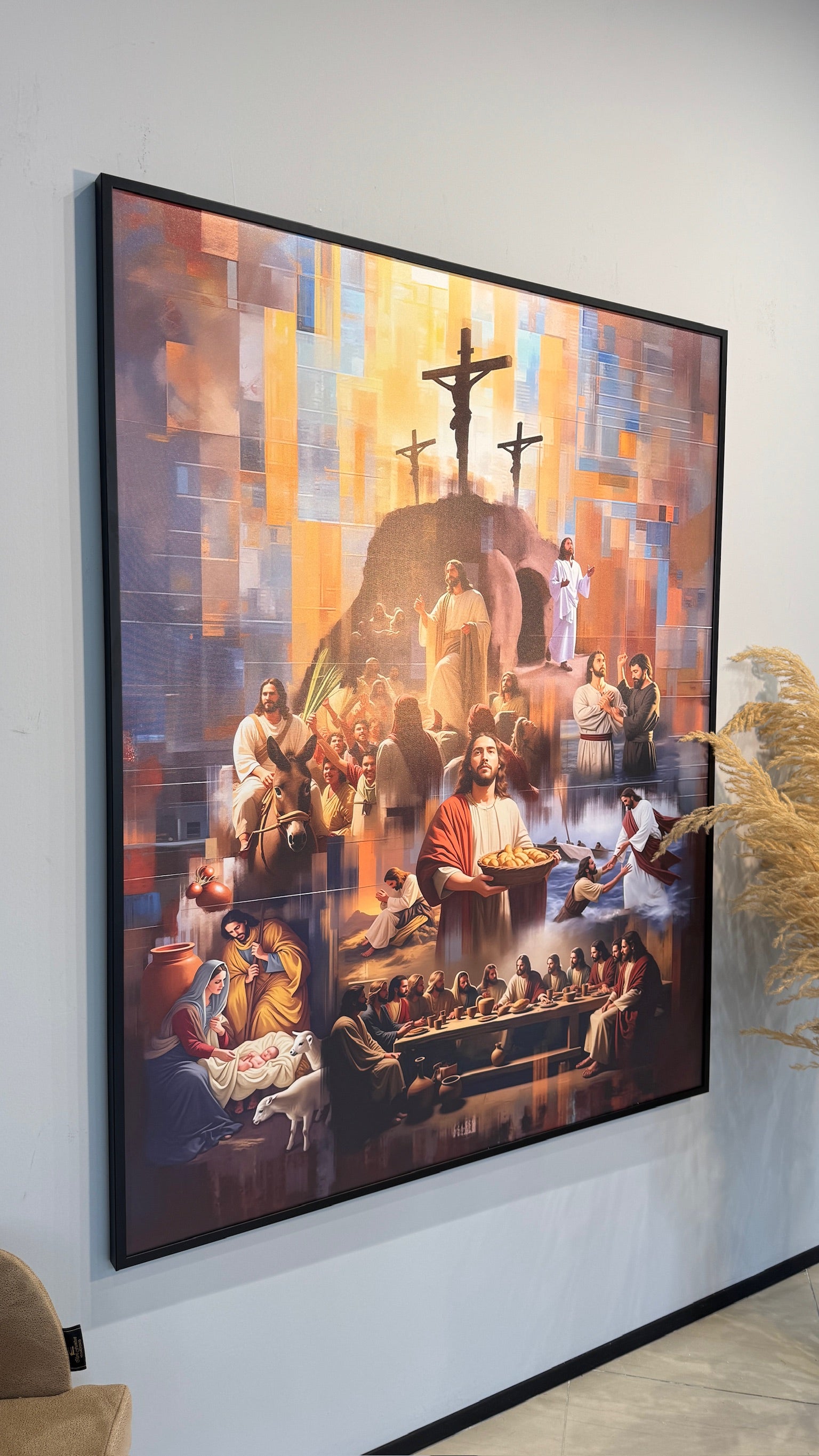 Large religious artwork depicting scenes of Jesus on a wall.