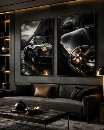 Ambient modern me dy panorama të një makine sportive klasike dhe detaje elegante automobilistike.