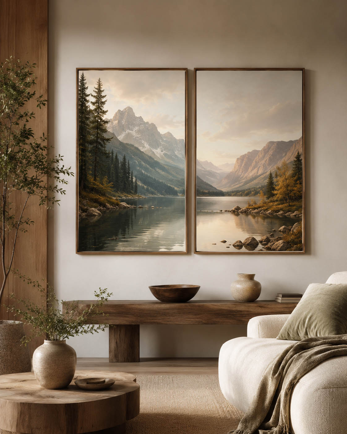 Dy panorama natyre me male, pyje dhe liqen në një ambient të ngrohtë dhe minimalist.