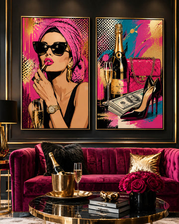 Ambient luksoz me panorama pop art shumëngjyrëshe me modë, shampanjë dhe elemente premium.