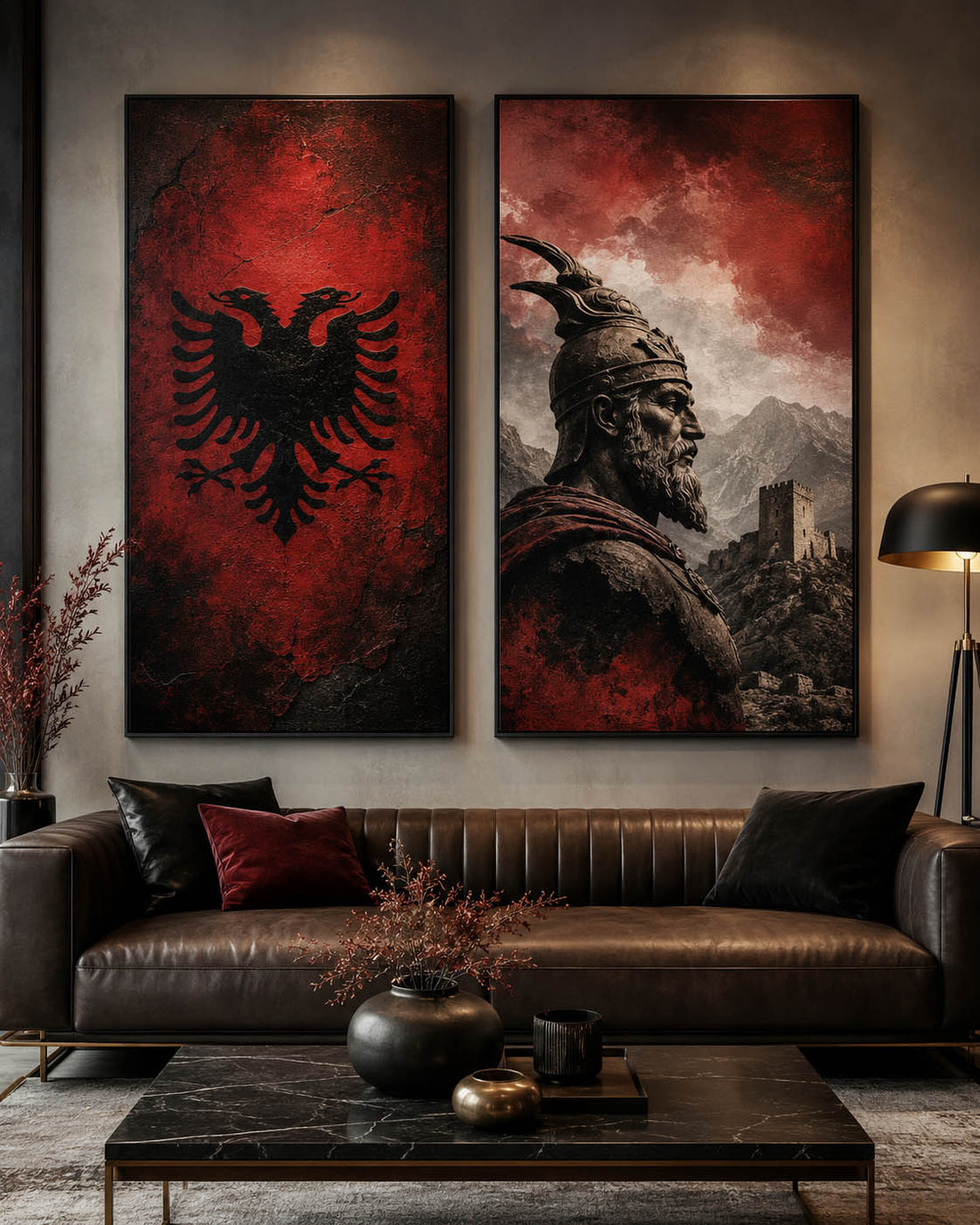 Dy panorama patriotike me shqiponjën dykrenare, figurë historike shqiptare dhe ngjyra kuq e zi.