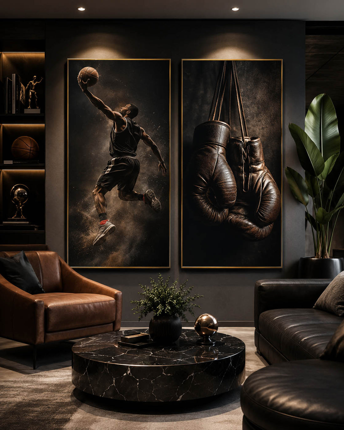 Ambient modern me dy panorama futbolli në ngjyra të zeza, bronzi dhe të arta.