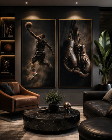 Ambient modern me dy panorama futbolli në ngjyra të zeza, bronzi dhe të arta.