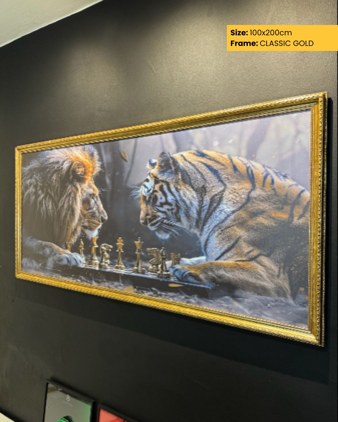 Framed artwork of a lion and tiger playing chess on a dark background