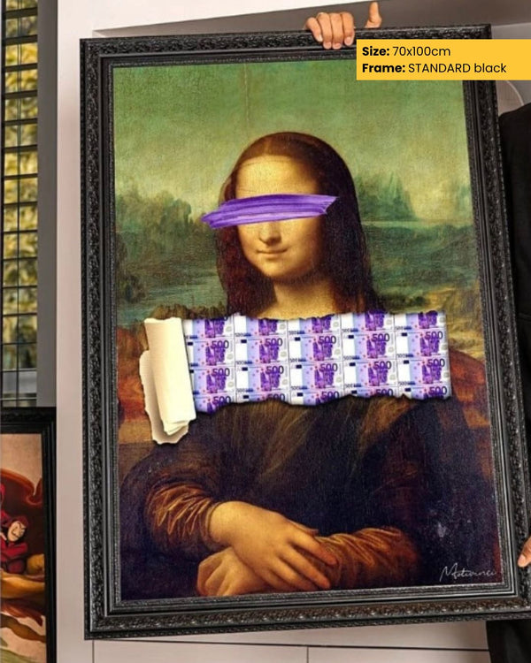 Framed artwork of a famous painting with a purple and white pattern covering the face.